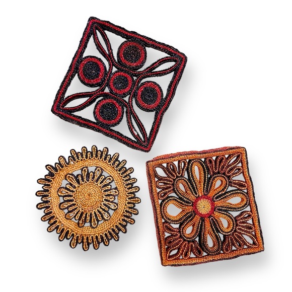 Vintage Woven Trivets Trio Hot Pads Boho Wicker Rattan Raffia - Picture 2 of 6